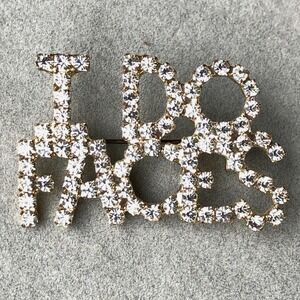 Vintage Brooch I DO FACES Gold Tone Clear Rhinestone Statement Makeup Artist Pin